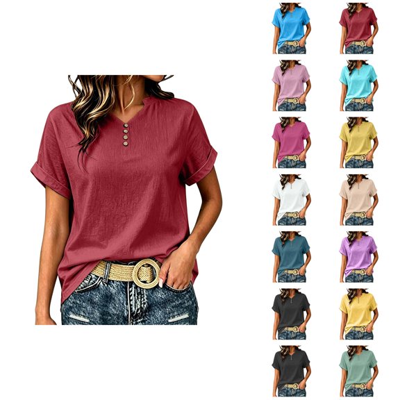 Womens Short Sleeve T Shirts Henley Neck Dressy Casual Womens Summer Tops Business Casual T Shirts