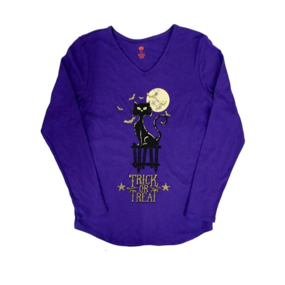 Happy Halloween Womens Purple Trick-Or-Treat T-Shirt Spooky Cat Tee Shirt S 4/6