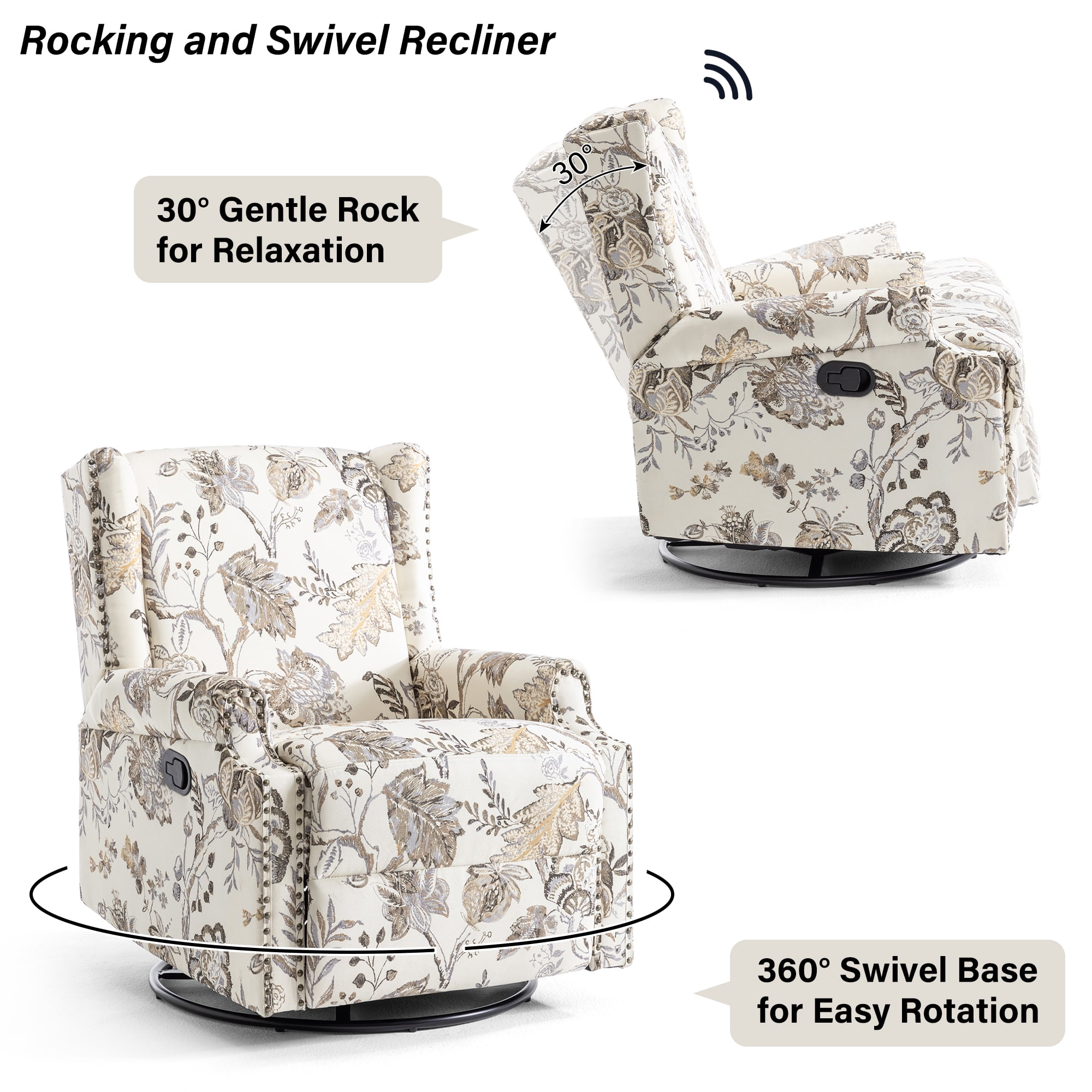 DREAMSIDEA Recliner Swivel Glider Rocker Nursery Chair for Adults, High Back Upholstered Rocking Armchair for Living Room, Manual Reclining Sofa Lounge Chair with Deep Seat in Fabric - Beige Plants