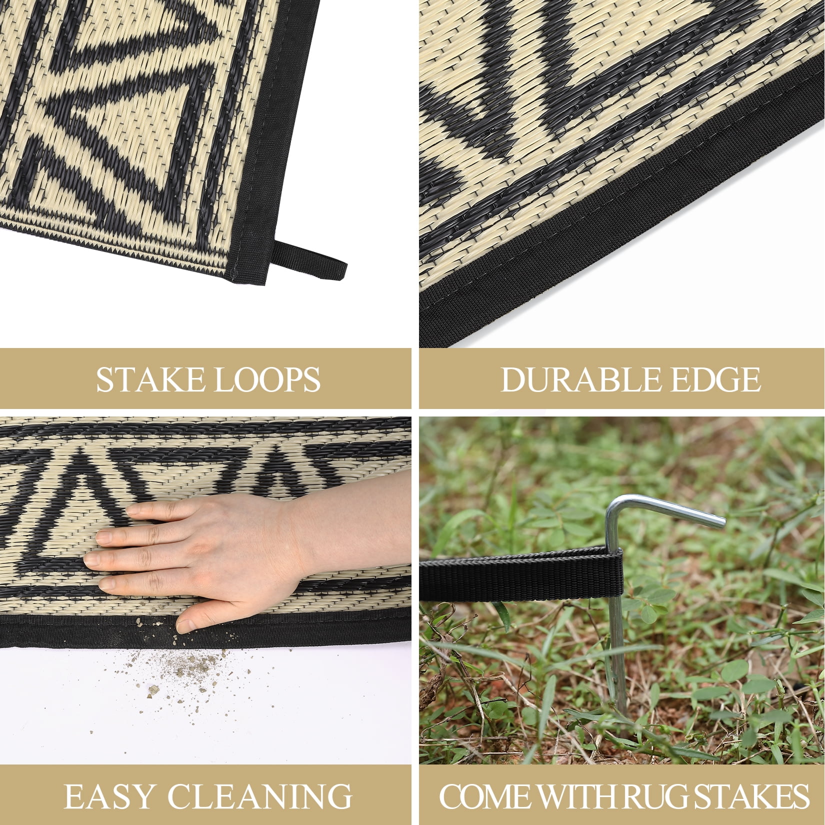 HOMERRY Geometric Outdoor Rug Straw Plastic Area Rug for Balcony Pool RV Waterproof Reversible Carpet, Brown/Black, 5'x 8'