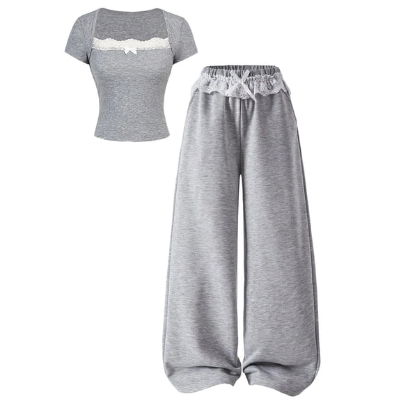 Girls 2 Piece Outfit, Short Sleeve T Shirt Top and Wide Leg Pants Casual Matching Set for Tween Girls Spring Summer Daily Wear