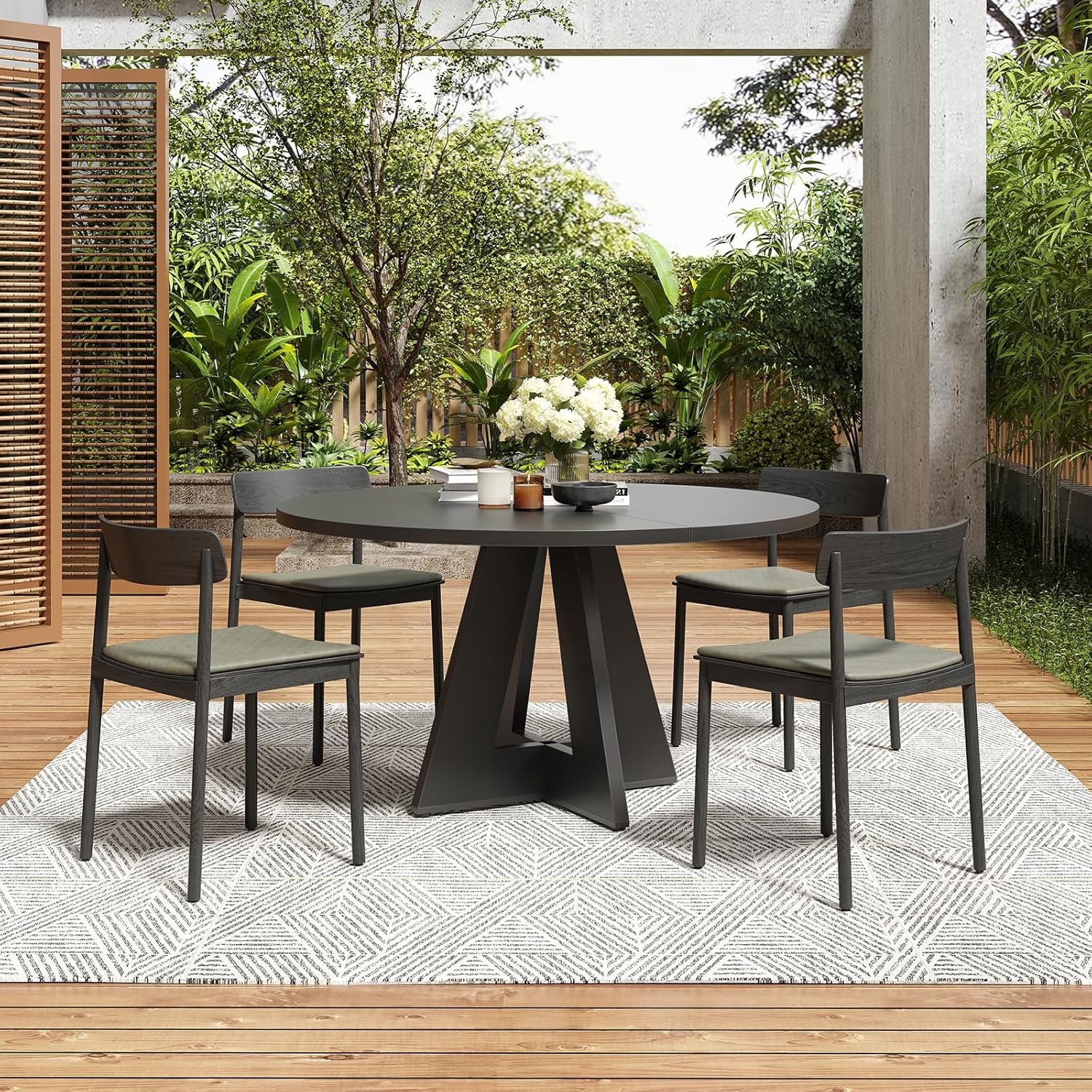 Farini 47" Round Dining Table,Wooden Kitchen Table with Metal Base, Seats 4–7, for Dining Room, Kitchen & Living Room, Black