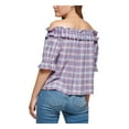thumbnail image 2 of TOMMY HILFIGER Womens Blue Ruffled Plaid Elbow Sleeve Off Shoulder Top L, 2 of 4