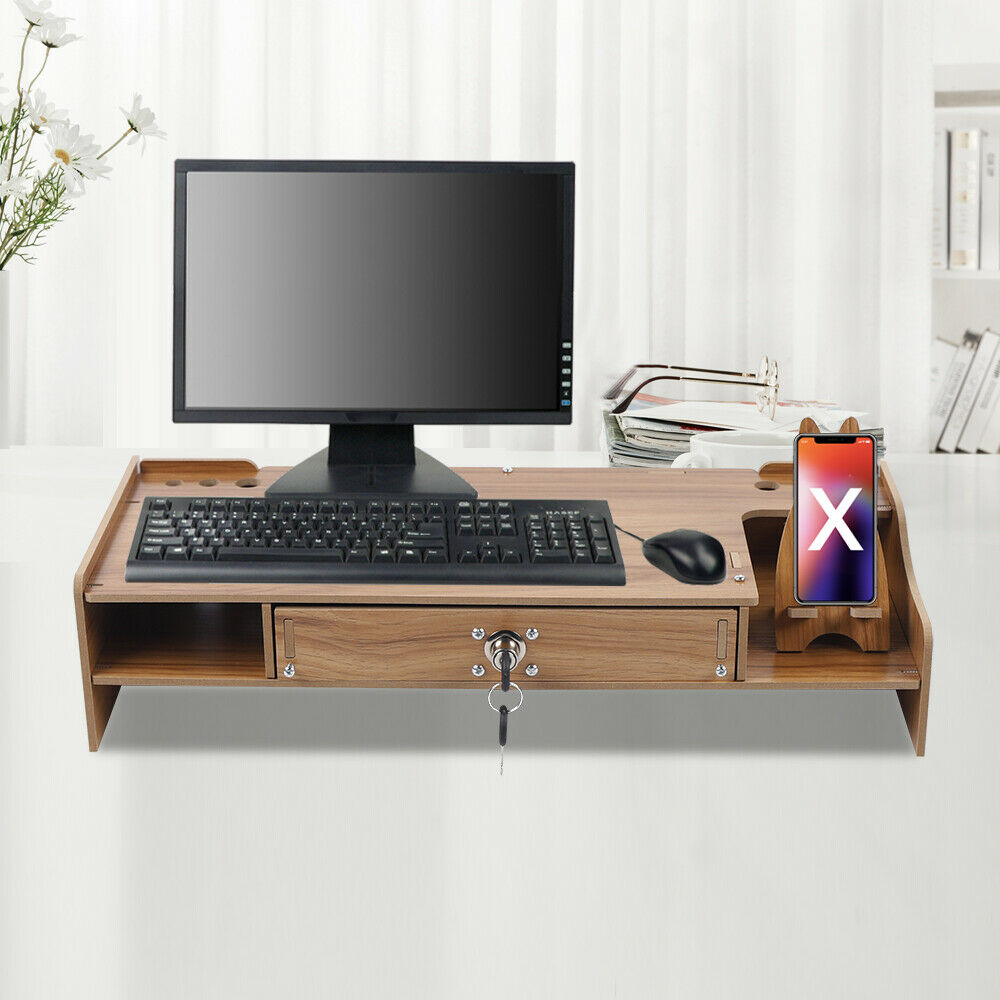 Loyalheartdy Computer Monitor Riser Stand Cherry Wood Color Density Board Laptop Shelf W/ Lockable Drawer for Home, Office