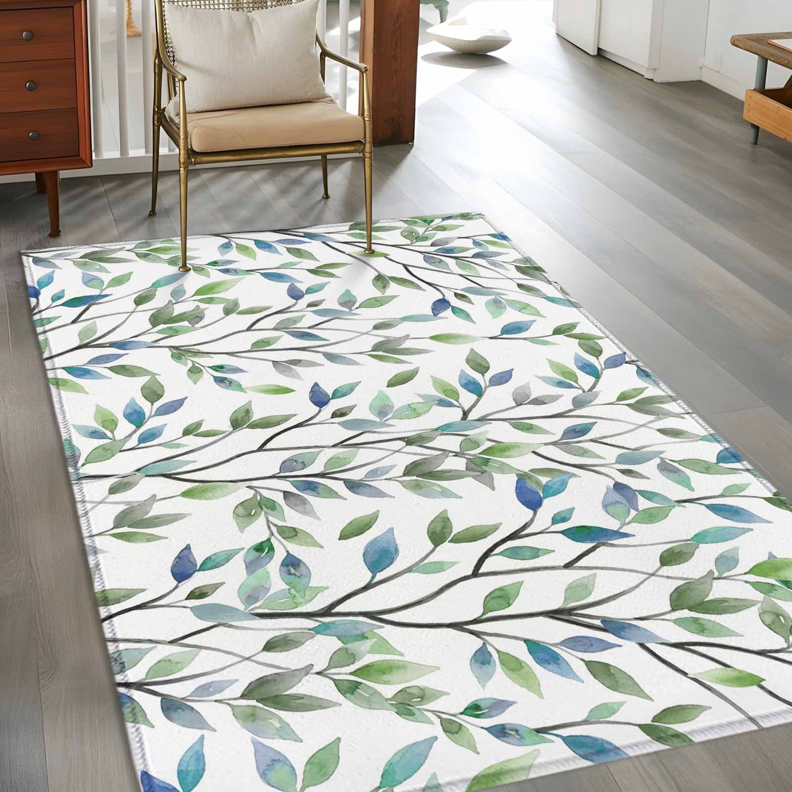 Area Rugs for Living Room Bedroom, Blue Green Eucalyptus 4'x6' Rug Washable Carpet Runner Indoor Outdoor, Spring Botanical Leaves Weeping Non Slip Accent Floor Mats Rug for Kitchen, Office