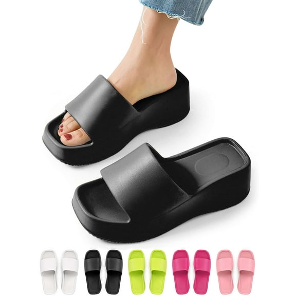 Gustave Platform Slide Sandals for Women Square Open Toe Wedge Slippers Fashion Comfortable Summer Beach Casual Slip On Shoes, Women 6-7, Black