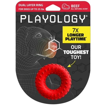 Playology Dog Toys | Durable Chew Toy Dual Layer Ring Beef Scented Toy - Small