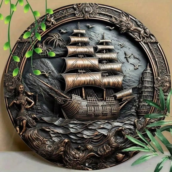 HELLOYOUNG 8in 11.8in Pirate Ship Metal Wall Art, 2D Aluminum Decoration for Home Office Coffee Shop, Rustic Nautical Gift