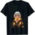 thumbnail image 2 of Men's Cotton Short Sleeve T-Shirt with Anime Character Design - White Hair Red Eyes Dark Hoodie & Orange Circuitry Patterns, 2 of 6