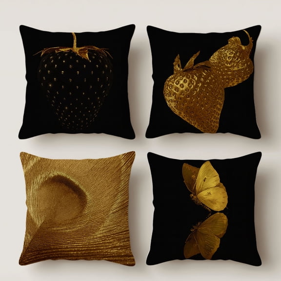Lavish Cover 14x14 Inch Black Gold Strawberry Butterfly Feather Pillow Cover, Luxury Decorative Cushion Case for Sofa Bedroom, No Insert