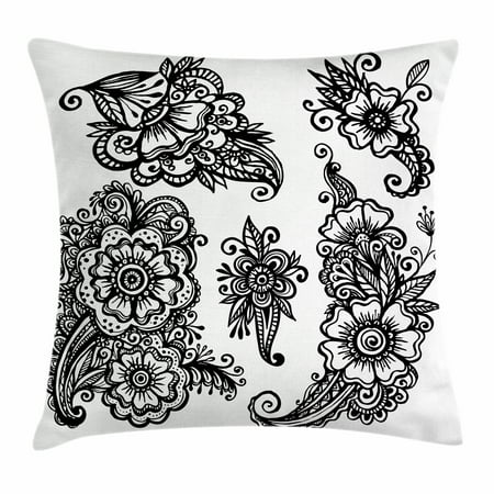 Henna Throw Pillow Cushion Cover, Hand Drawn Style Vintage Mehndi Compositions Blossoming Flowers Retro Fun Design, Decorative Square Accent Pillow Case, 16 X 16 Inches, Black White, by (Best Bridal Mehndi Designs For Hands)