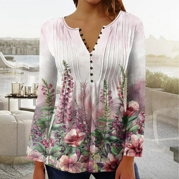 YOTAMI Printed Blouse for Women Plus Size Tops for Everyday Button V-Neck Ruffled Long Sleeve Soft Shirts Multicolor L