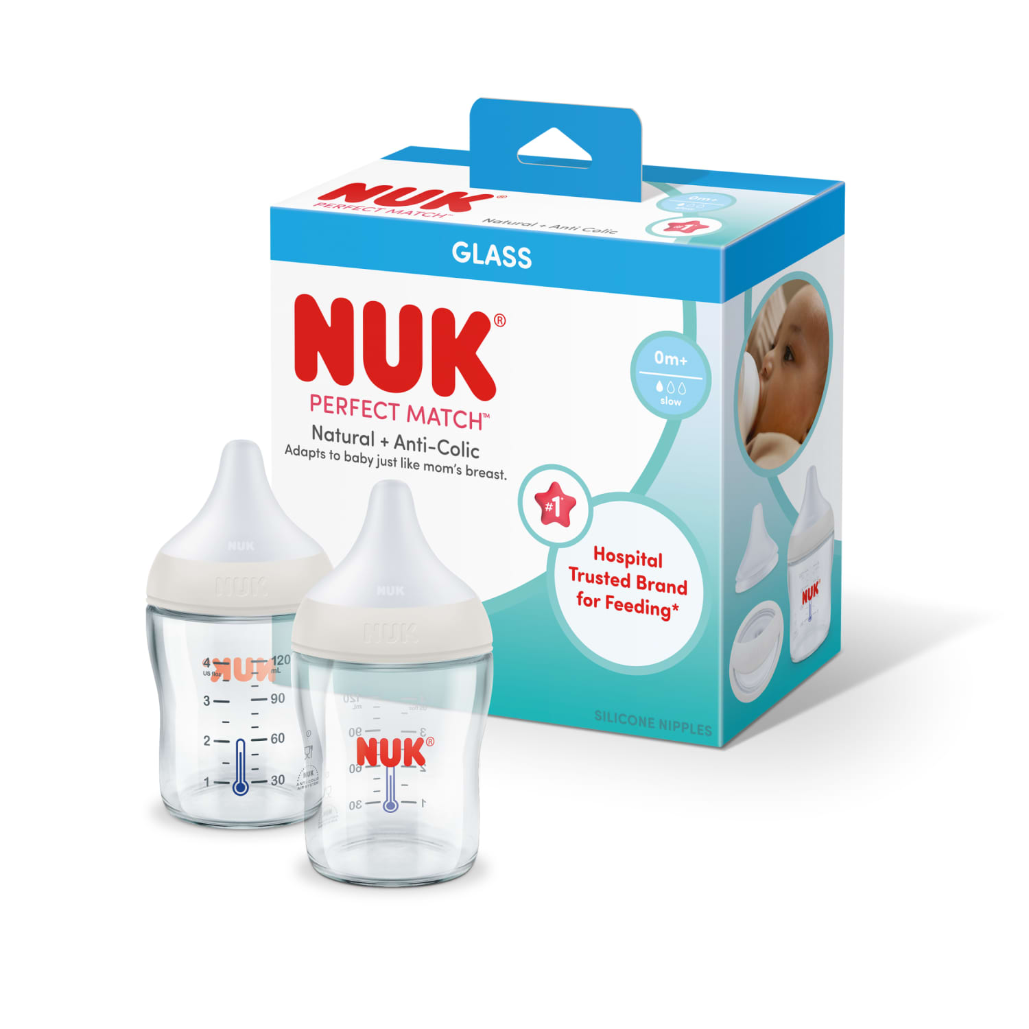 NUK Perfect Match Glass Anti-Colic Bottle, 4oz, 2-Pack