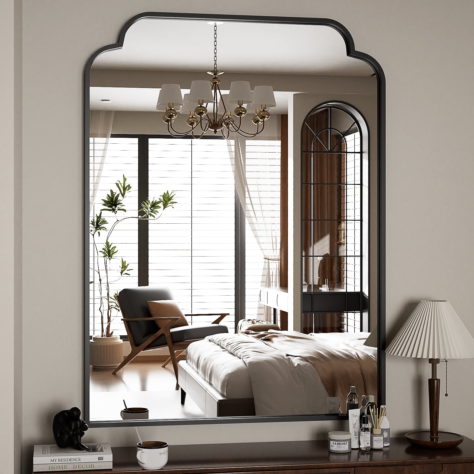 GRAHMCY 40"x30" Bathroom Mirror Arched Wall-Mounted Leaning Vanity Mirror with Deep Frame, Black