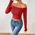 thumbnail image 2 of FRSASU Womens Round Neck Long Sleeve Shirts Solid Casual Slim Fitted Comfy off Shoulder Fashion Tops Red L(L), 2 of 4