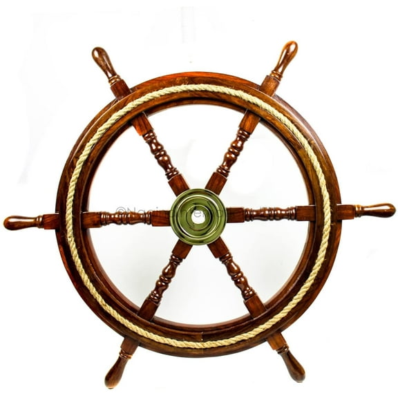 42" Nautical Hardwood Wooden Ship Wheel With Brown Rope Across With Solid Brass Central Hub | Classic Vintage Nautical Pirate's Wall Hanging Sculpture Home Decor | NAGINA INTERNATIONAL