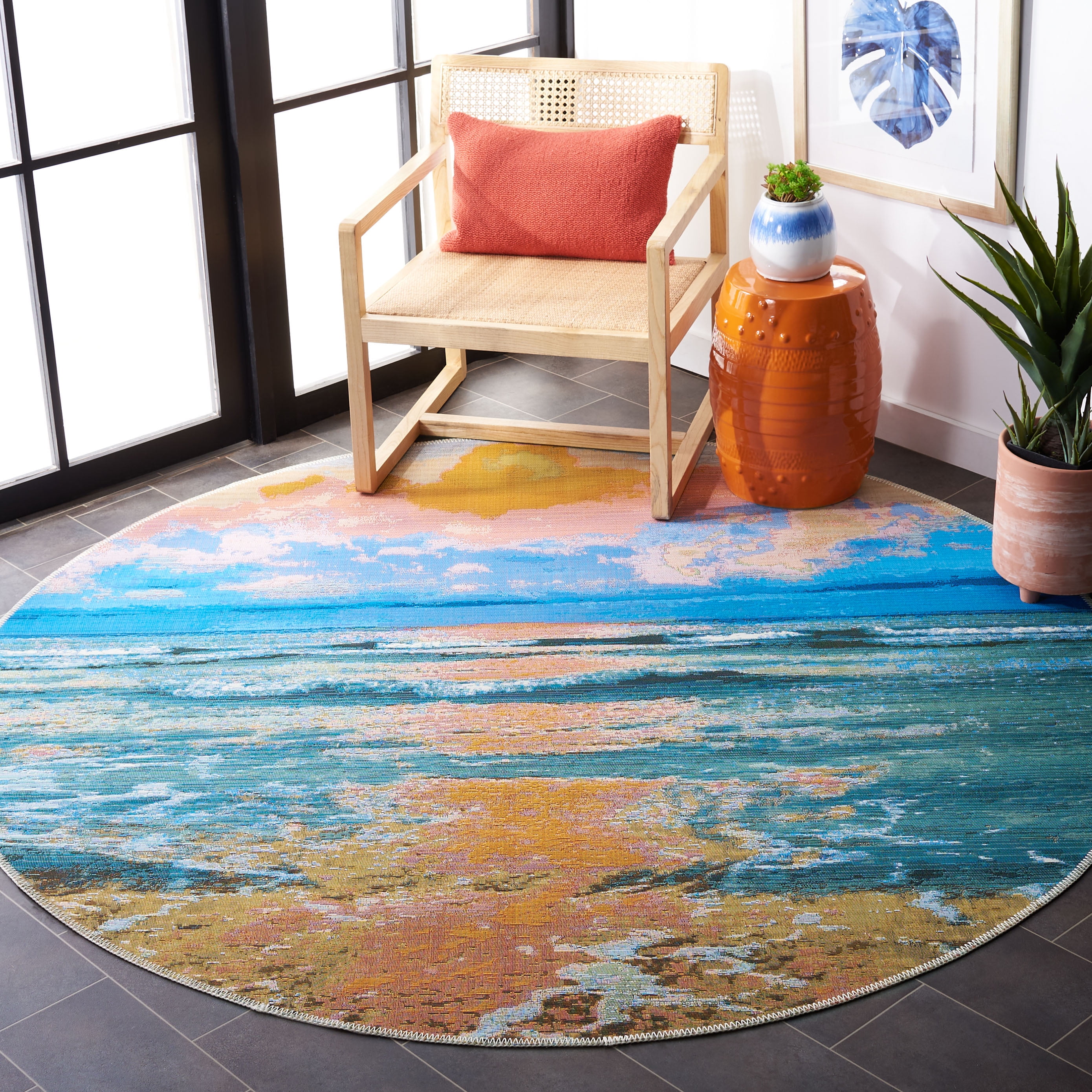 SAFAVIEH Barbados Dusk Waves Outdoor Area Rug, Gold/Blue, 6'6" x 6'6" Round