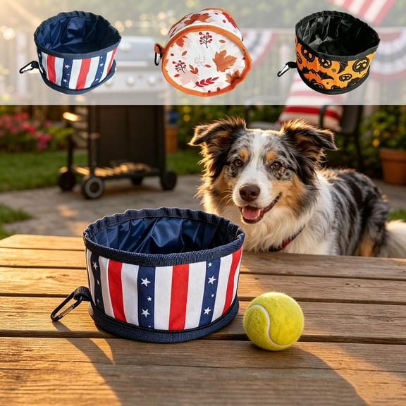 Aoznliie Dog Bowls, Patriotic Collapsible Woven Fabric Bowl with Carry Hook, 6x6x4 inch Portable Dog Water Bowl for Camping Walking, Red White Blue