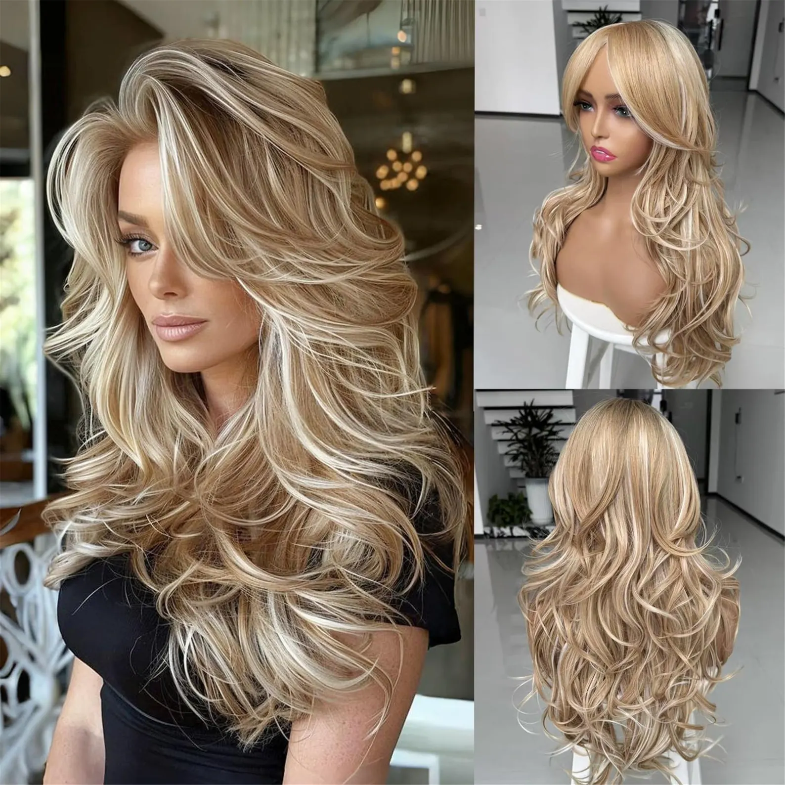 Platinum Blonde Highlight Ombre Light Brown Wig Long Wavy Layererd Wigs with Curtain Bangs for