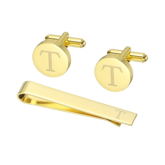 Uxcell Cuff Links, Initial Tie Clip and Cufflink Set for Men Classic Copper, Letter T(Gold Tone)