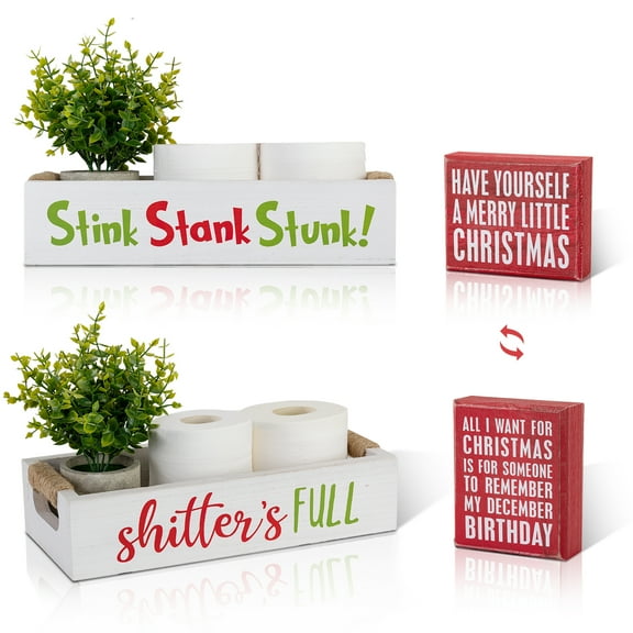 Veichin Double-Sided Christmas Funny Bathroom Decor with Double-Sided Sign, Stink Stank Stunk Box, Toilet Paper Storage Basket, White Wood Tank Tray Organizer with Handles for Christmas Decorative