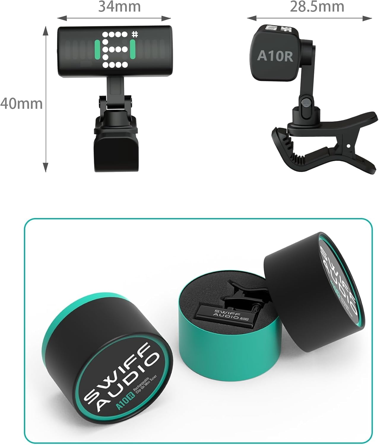 Guitar Tuner, Rechargeable Clip-On Tuner with LED Display, Mini Tuner for Acoustic, Electric Guitar, Bass, Violin, Ukulele, Super Bright Display to Read for Professional & Beginners (A10R)