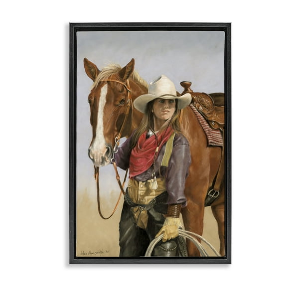 Stupell Industries Powerful Female Cowgirl Animals & Insects Painting Black Floater Framed Canvas Art Print Wall Art, 17 x 25