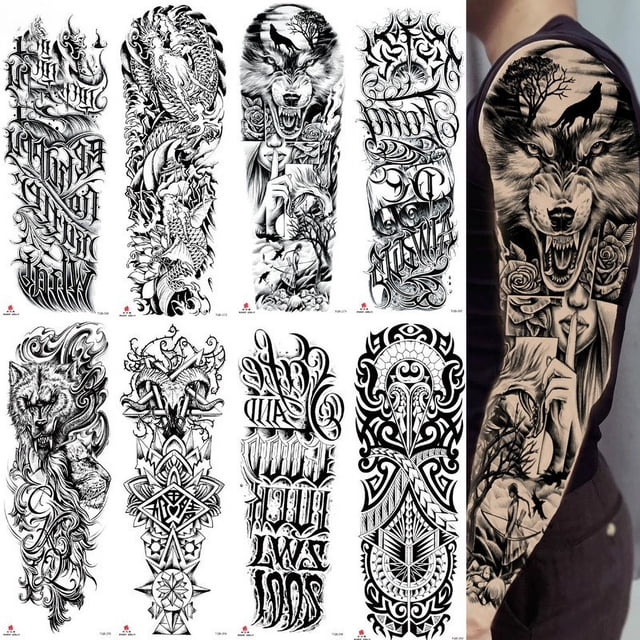 8 hojas grandes de brazo completo dragón flor animal manga tatuajes temporales para hombres y mujeres, estilos aleatorios adolescentes antebrazo hombro 3D temperatura impermeable tatuaje falso pegatin