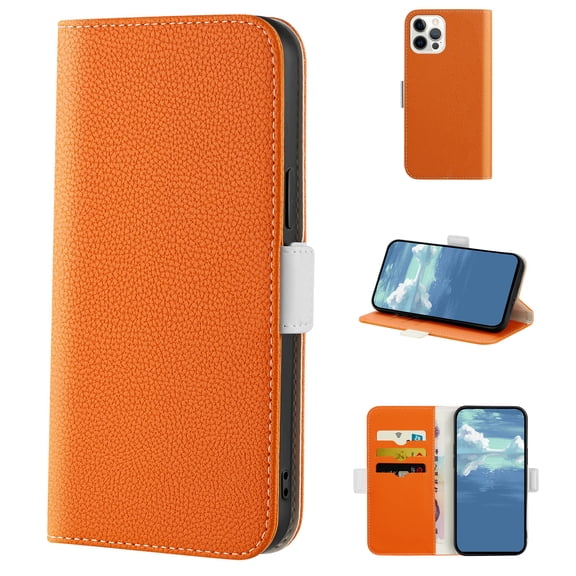 TECH CIRCLE Case for Apple iPhone 14 Pro Max (2022) ,Lychee Texture PU Leather Card Slots Wallet Cover,Magnetic Clasp Flip Kickstand Phone Protective Case,Orange