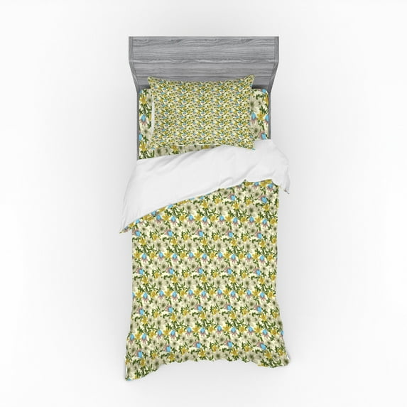 Ambesonne Floral Bedding Set 3 Pcs, Flowers on Cream Background, Twin XL, Cream Multicolor