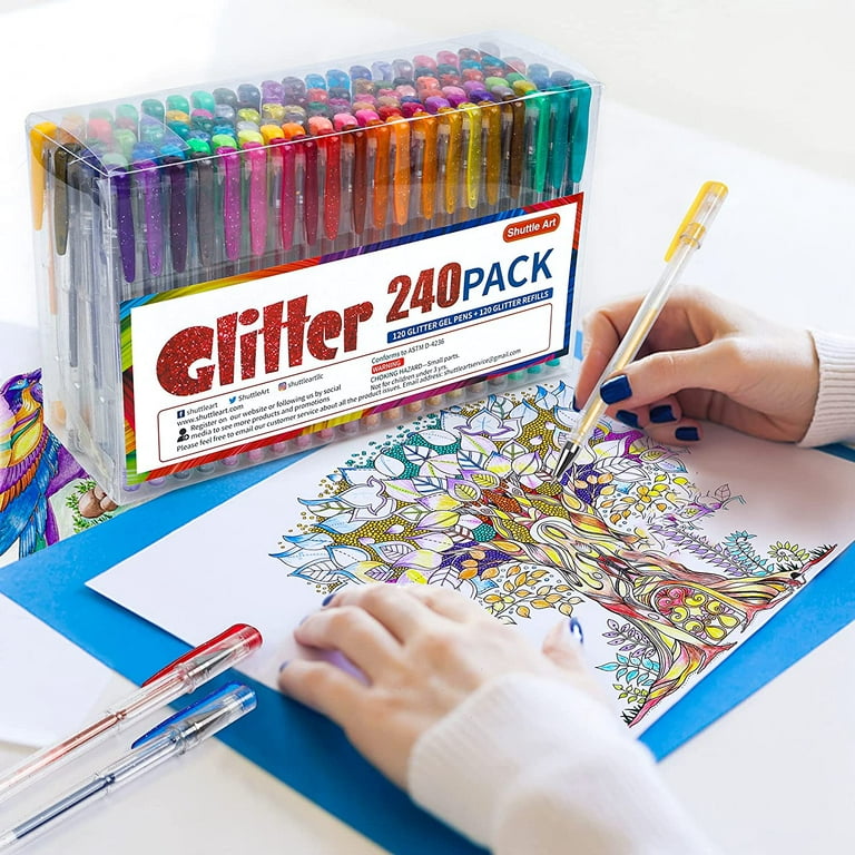 Shuttle Art 240 Pack Glitter Gel Pens, 120 Colors Glitter Gel Pen Set with 120 Refills for Adult Coloring Books Craft Doodling