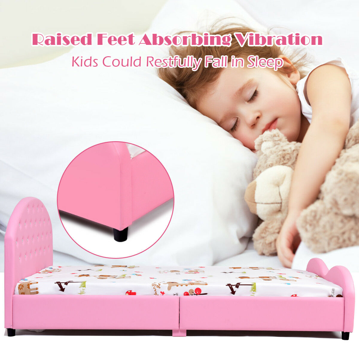 Costway Kids Children PU Upholstered Platform Wooden Princess Bed Bedroom Furniture Pink - image 4 of 9