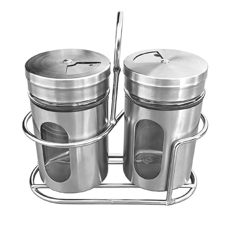 Stainless Steel Glass Spice Shakers with Caddy Rotating Lid Salt and Pepper Dispensers with Adjustable Holes and Visible Window for Kitchen Dining