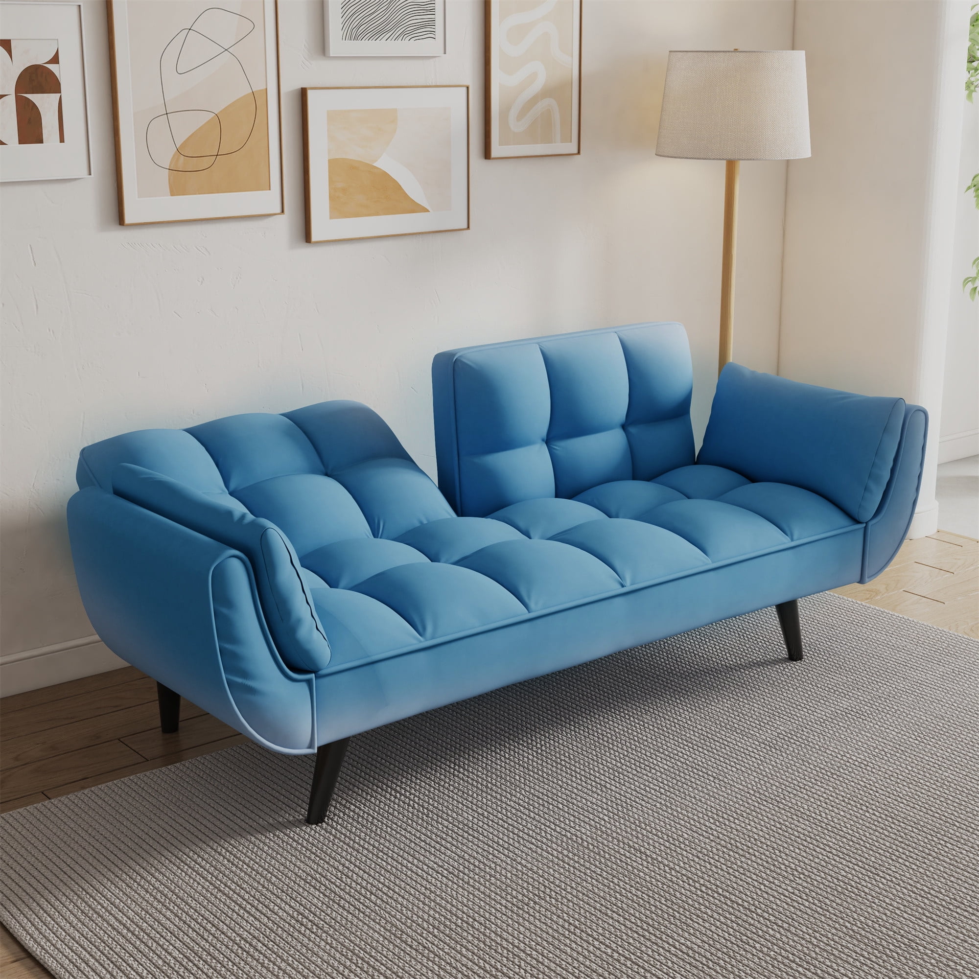 Aukfa 75" Flared Arm Futon Convertible Sofa Bed, Velvet Sleeper Couch for Home Office, Blue