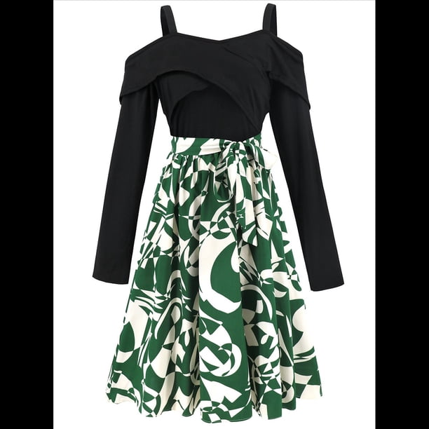 Vestido Floral de Corte A, Larga, Hombros Descubiertos y Corte Entallado para Mujer, y Otoño Verde S