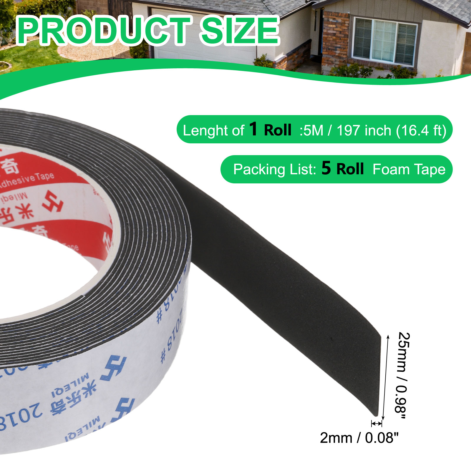 Uxcell 5Roll Sponge Rubber Foam Tape, 63/64" W x 5/64" t x 16.4ft l Self-Adhesive Foam Insulation Tape Weather Stripping for Window Door Soundproofing Weatherstrip AC Seal Strip, Black