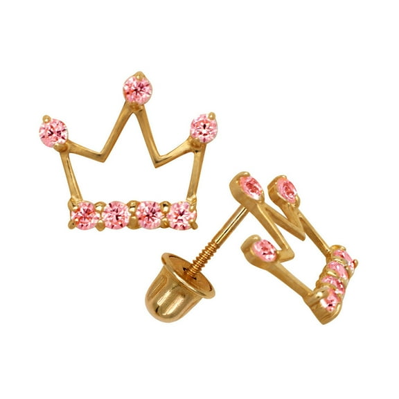 Solid 14k CZ Yellow Gold Crown Shape With Stones Screw Back Stud Earrings (3 Color) (light Pink)-Stud Earring for Women