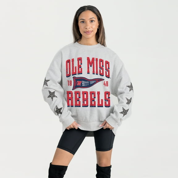 Women's Gameday Couture Ash Ole Miss Rebels Oversized Pennant Pride Rhinestone Star Sleeve Sweatshirt