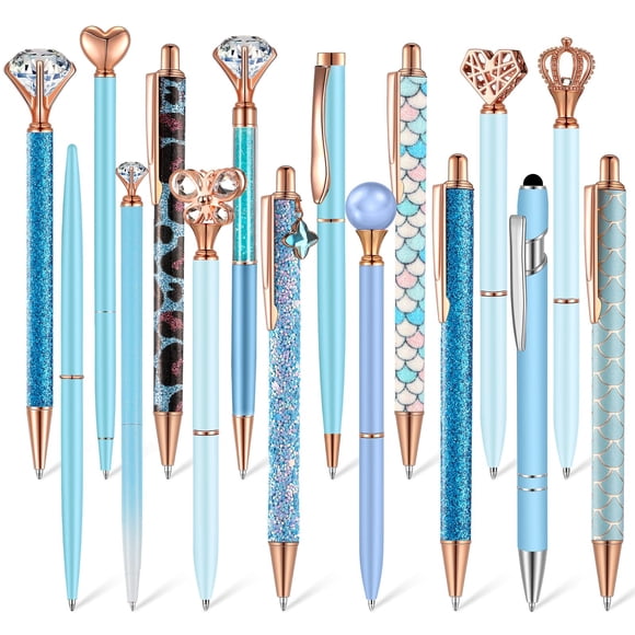 Juego de 16 bolígrafos Colarr con purpurina azul, 14,5 cm