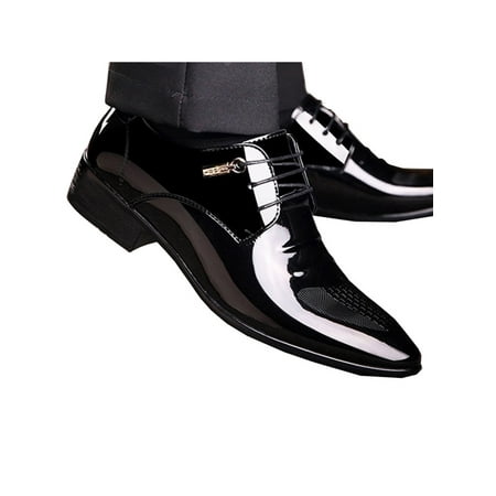 

Lacyhop Men Oxfords Lace Up Leather Shoe Business Dress Shoes Office Non Slip Flats Glossy Formal Black with Lace Up 5.5