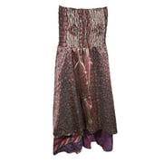 Mogul Womens Recycled Silk Sari Two Layer Versatile Dual Design Vintage Printed 2 In 1 Dress And Maxi Skirts