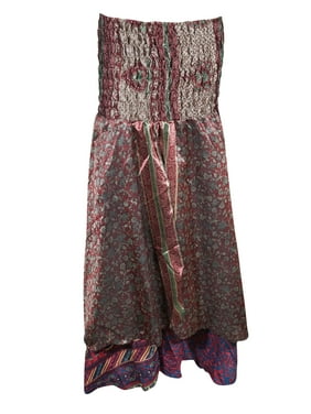 Mogul Womens Recycled Silk Sari Two Layer Versatile Dual Design Vintage Printed 2 In 1 Dress And Maxi Skirts