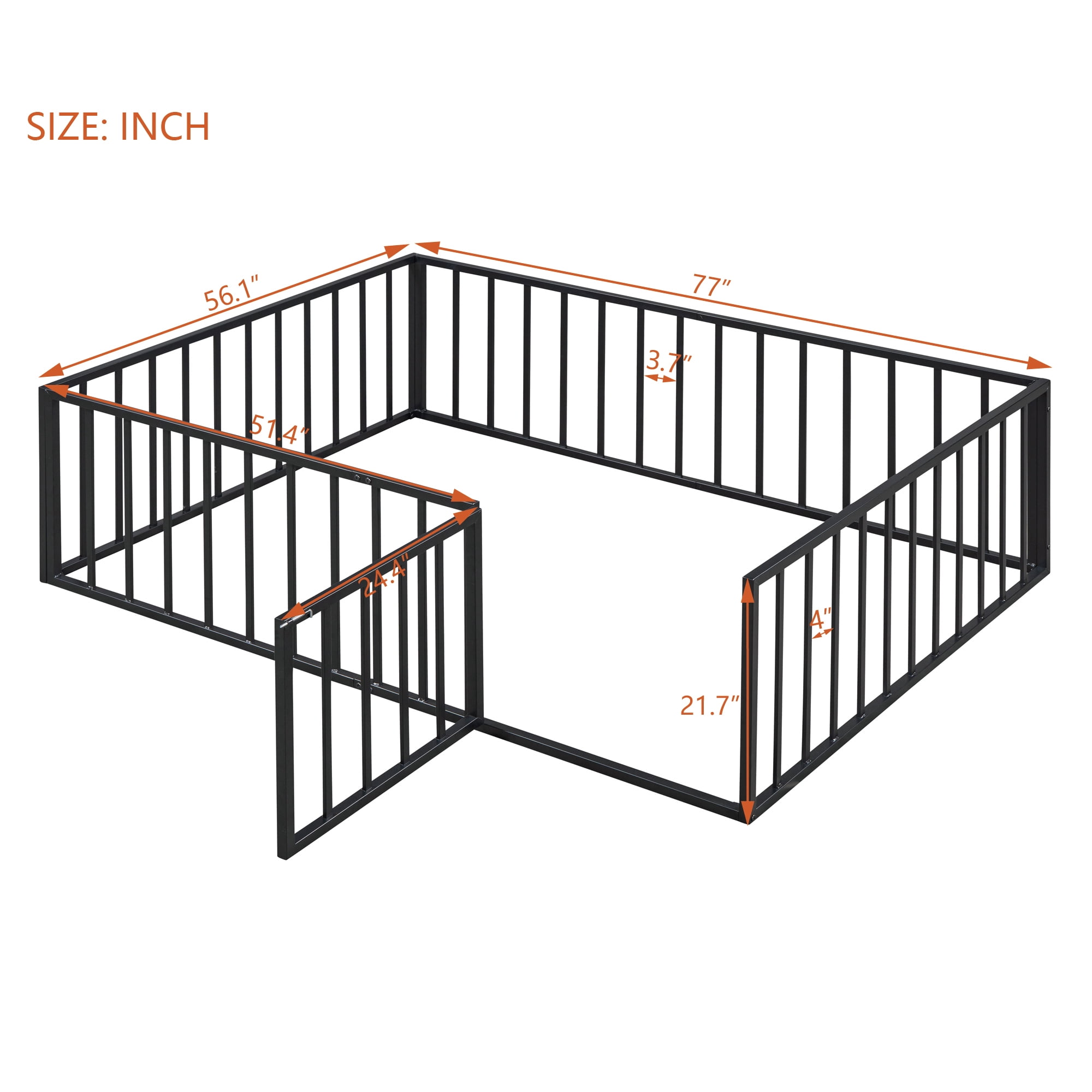 Full Size Floor Bed with Fence and Door, Low Profile Metal Montessori Bed Frame with Slats Supports,Easy Assembly, No Box Spring Needed,Black