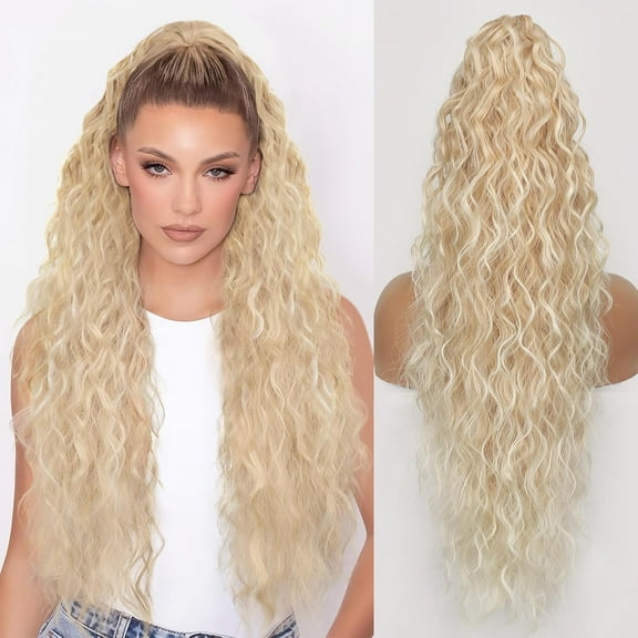 Ponytail Extension Claw 30" Curly Pony Tail Clip in Claw Hair Extensions Fluffy Natural Looking Synthetic Hairpiece for Women Omber Light Blonde