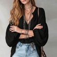 thumbnail image 4 of Wenini Women's Boho V Neck Puff Sleeve Crinkle Fabric Top Loose Drop Shoulder Casual Blouse Top Trendy Travel Shopping Outfit, 4 of 6