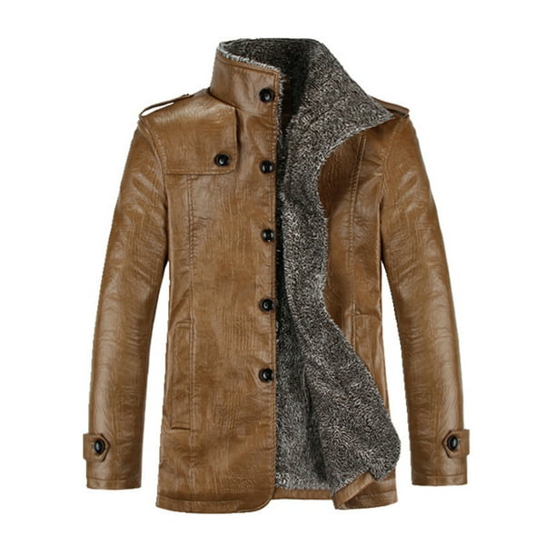 HANMEN Men's Winter Warm PU Leather Jacket Fleece Fur Lined Thick Coat ...