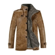 Men Long Sleeve Winter Warm Thick Coats Leather Fleece Fur Lined Trench Jacket