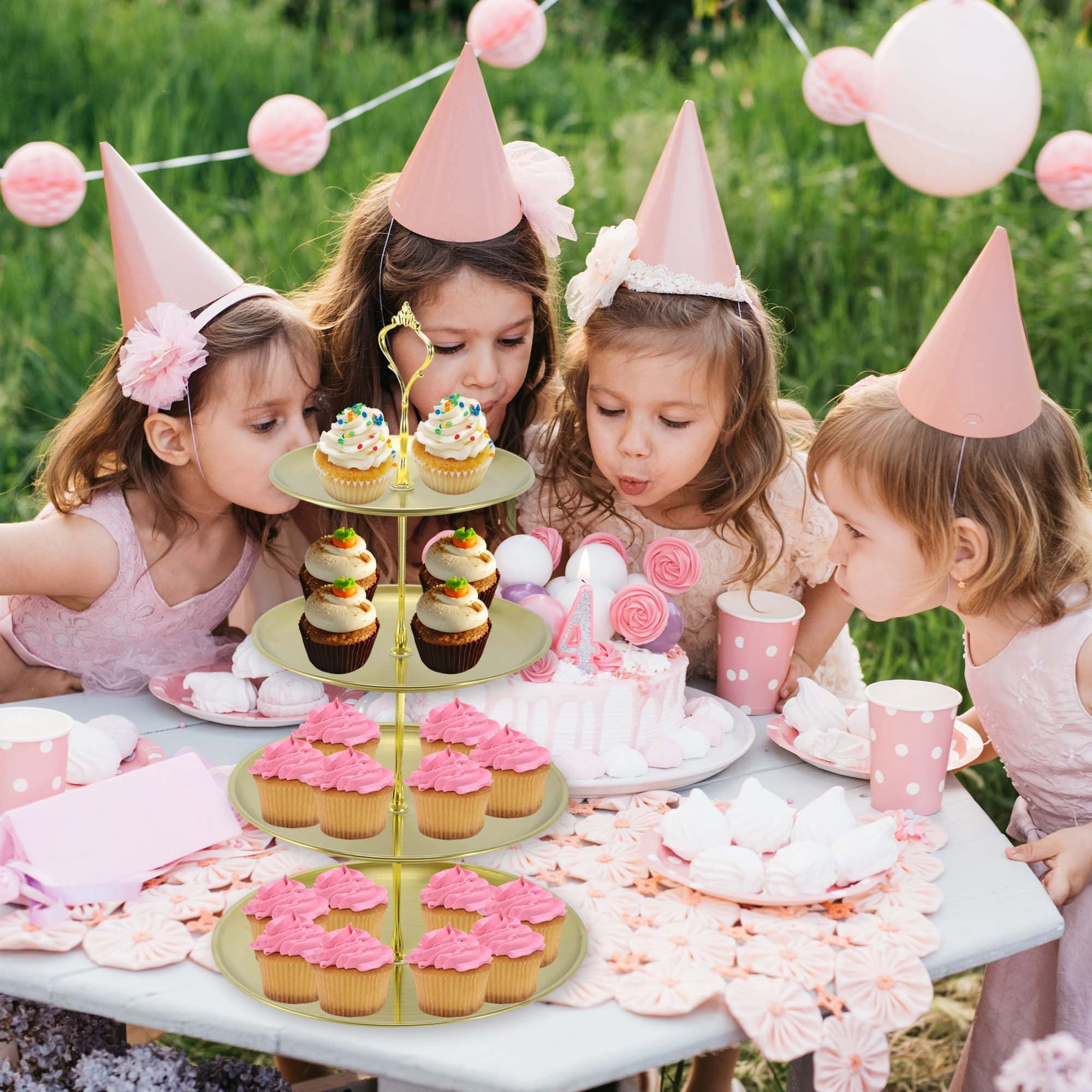 Unique Bargains 4 Tier Dessert Cupcake Stand Holder Round Cup Cake Tower Gold Tone