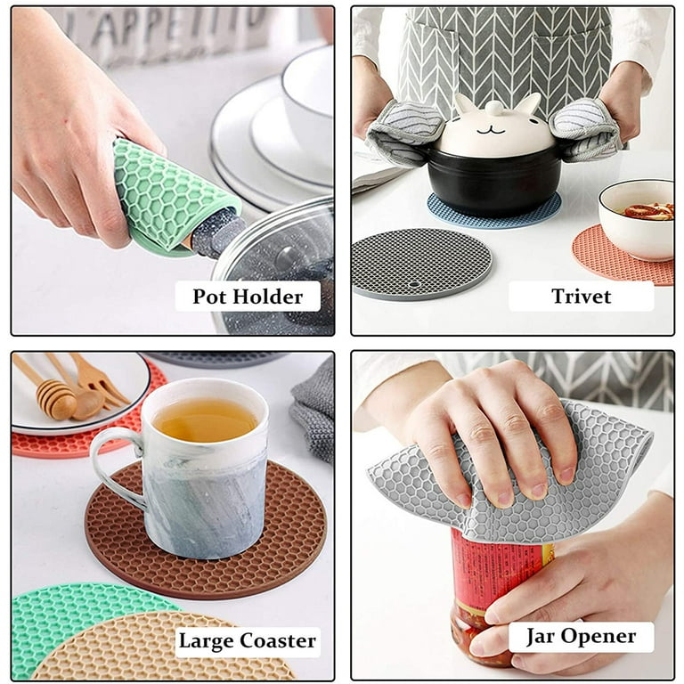 Set of 4 (Black&Gray) Round Silicone Pot Holder - Pads, Non-Slip, Flexible,  Durable Multi-Use Pot Holders