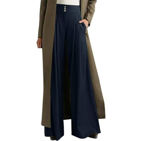 Fsqjgq Women High Waisted Business Casual Pants High Waist Wide Leg Linen Pants High Waist Wide Leg Pants Solid Pleated Casual Pants Pockets Trousers Blue L